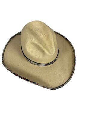 SunBody Straw Western Hat With Aztec Band Size 7 1/4 Handcrafted In Guatemala